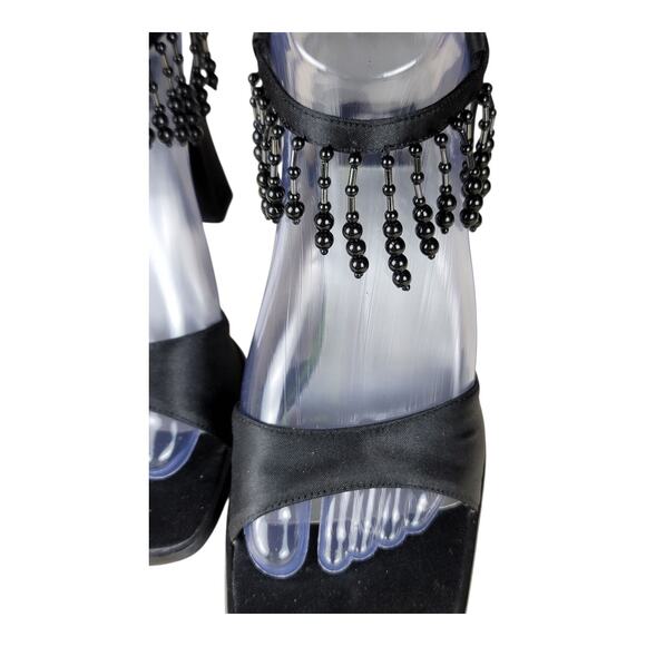 9&Co P-Shake Black Beaded Fringe Heels Square Toe Sandals Women’s Size 7M‎ - Picture 3 of 9